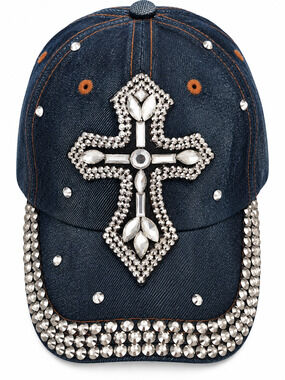 Womens Denim Rhinestone Cross Hat Bling Jeweled Christian Faith Adjustable Cap